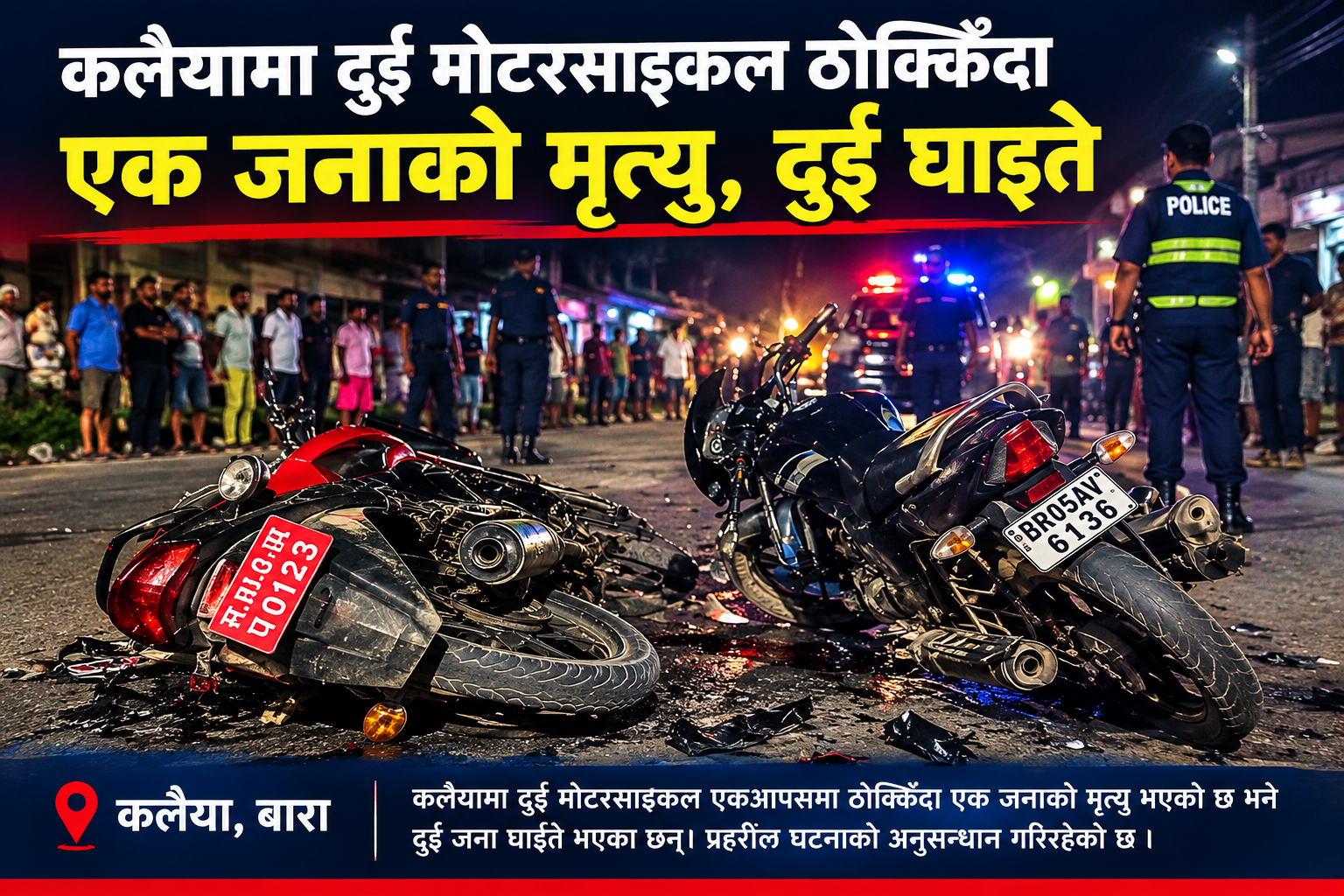 कलैयामा दुई मोटरसाइकल ठोक्किँदा एक जनाको मृत्यु, दुई घाइते